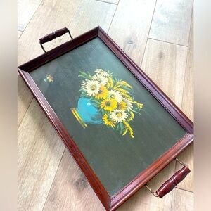 Art Print Yellow White Daisies Blue Vessel Handled Wood Serving Tray VTG